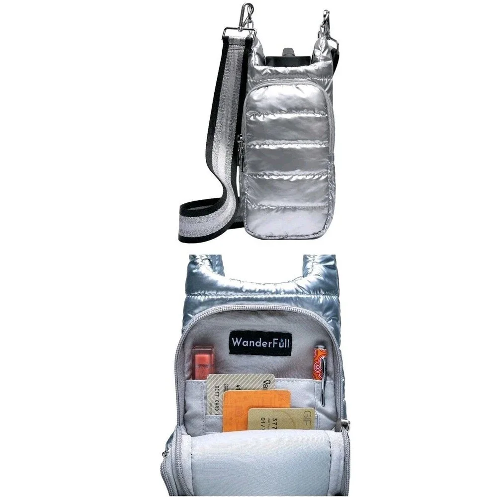 WanderFull Quilted Nylon Water Bottle Crossbody Bag Silver Puffer Style